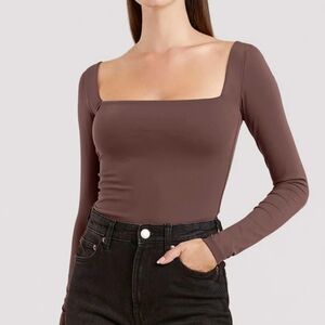 Nuuds Square Neck Long Sleeve Bodysuit - Mocha